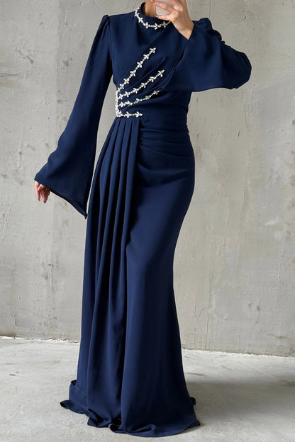 Tailed Thin Stone Detailed Crepe  Evening Dress 5059