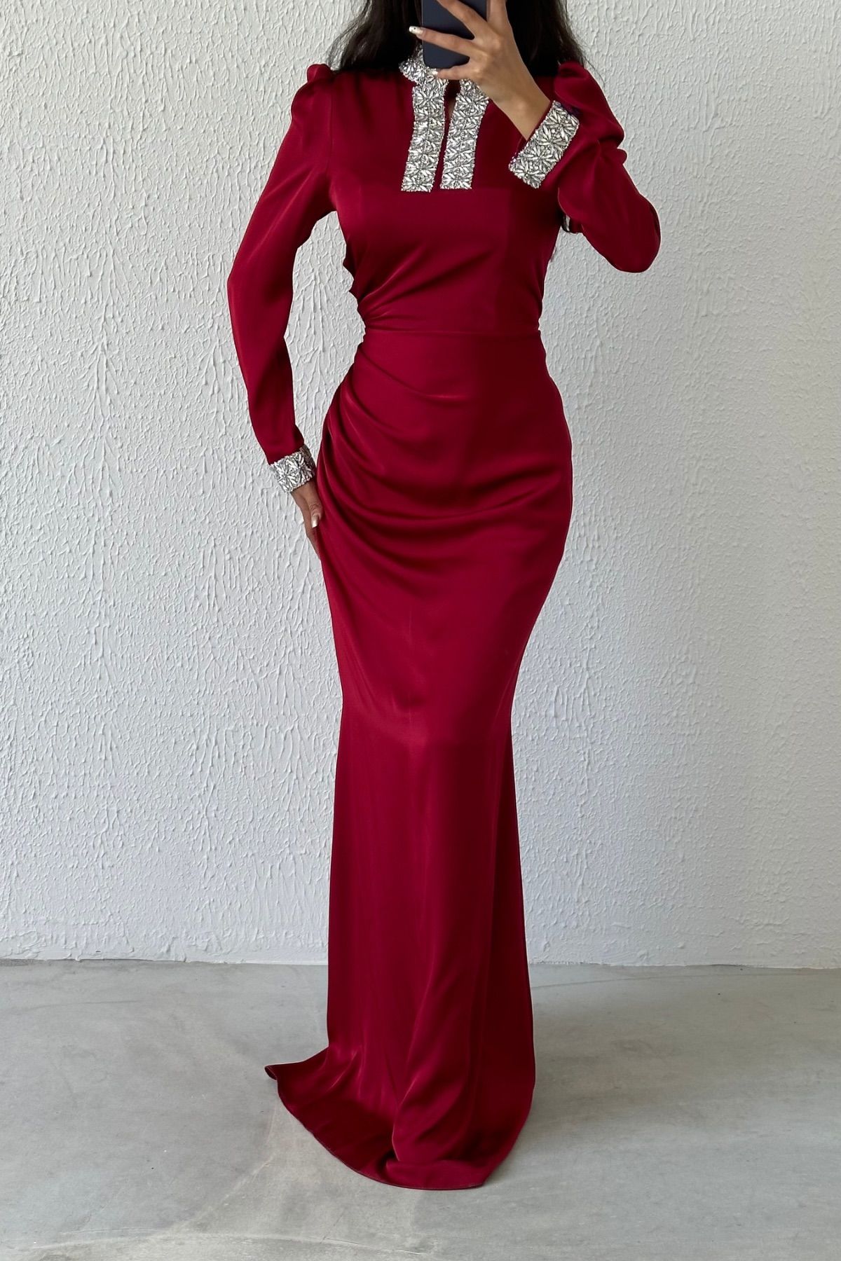 Satin Evening Dress with Stoned Sleeves and Collar 8011