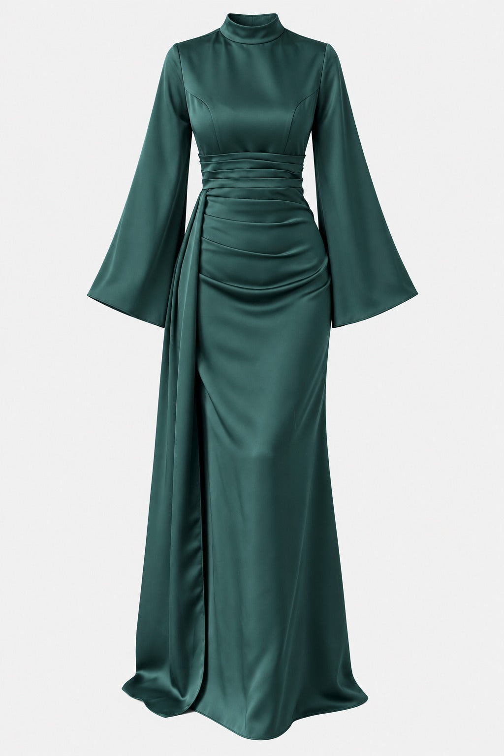 Draped Satin Evening Gown with Tail Detail
