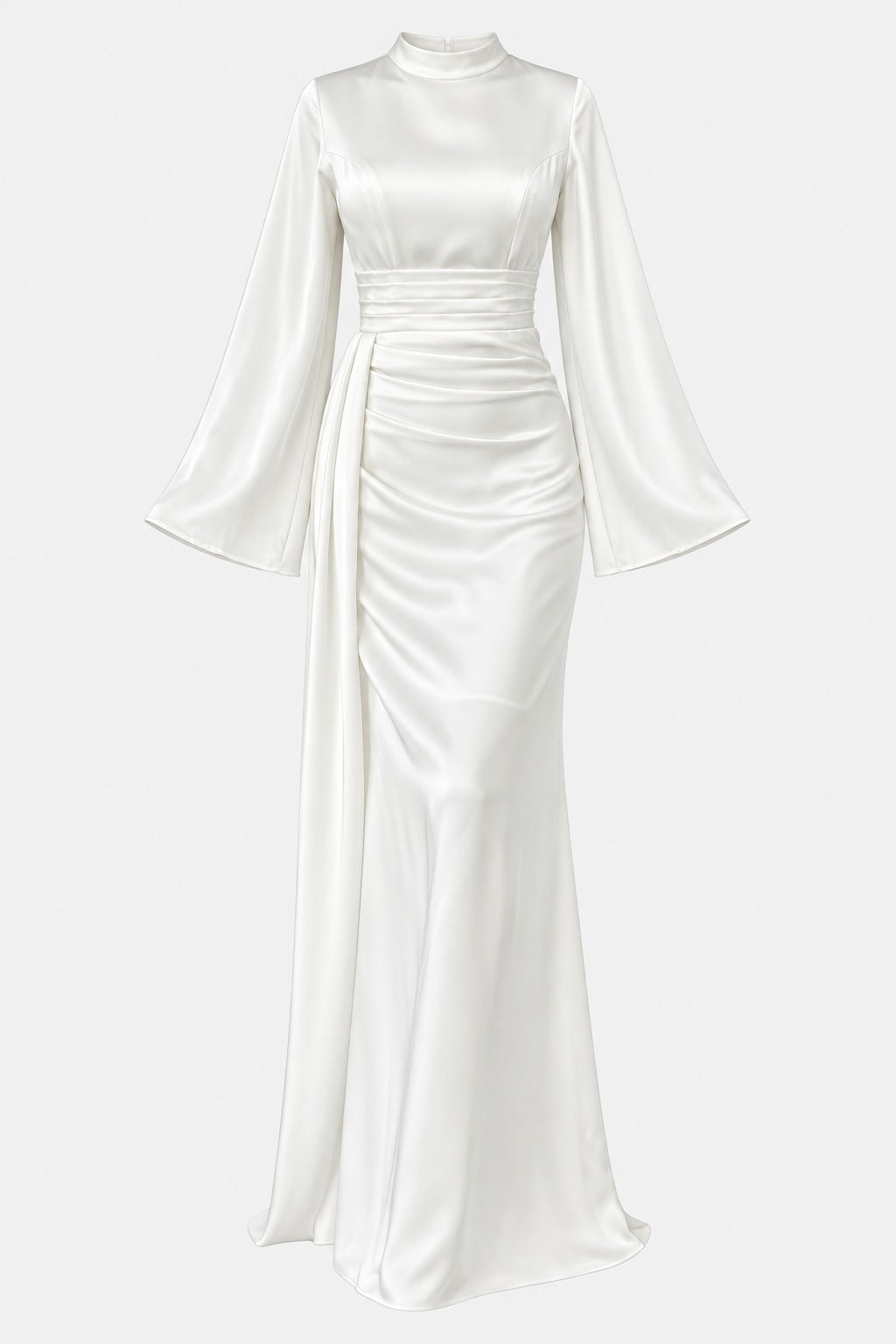 Draped Satin Evening Gown with Tail Detail