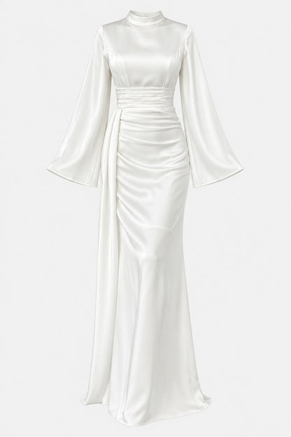 Draped Satin Evening Gown with Tail Detail