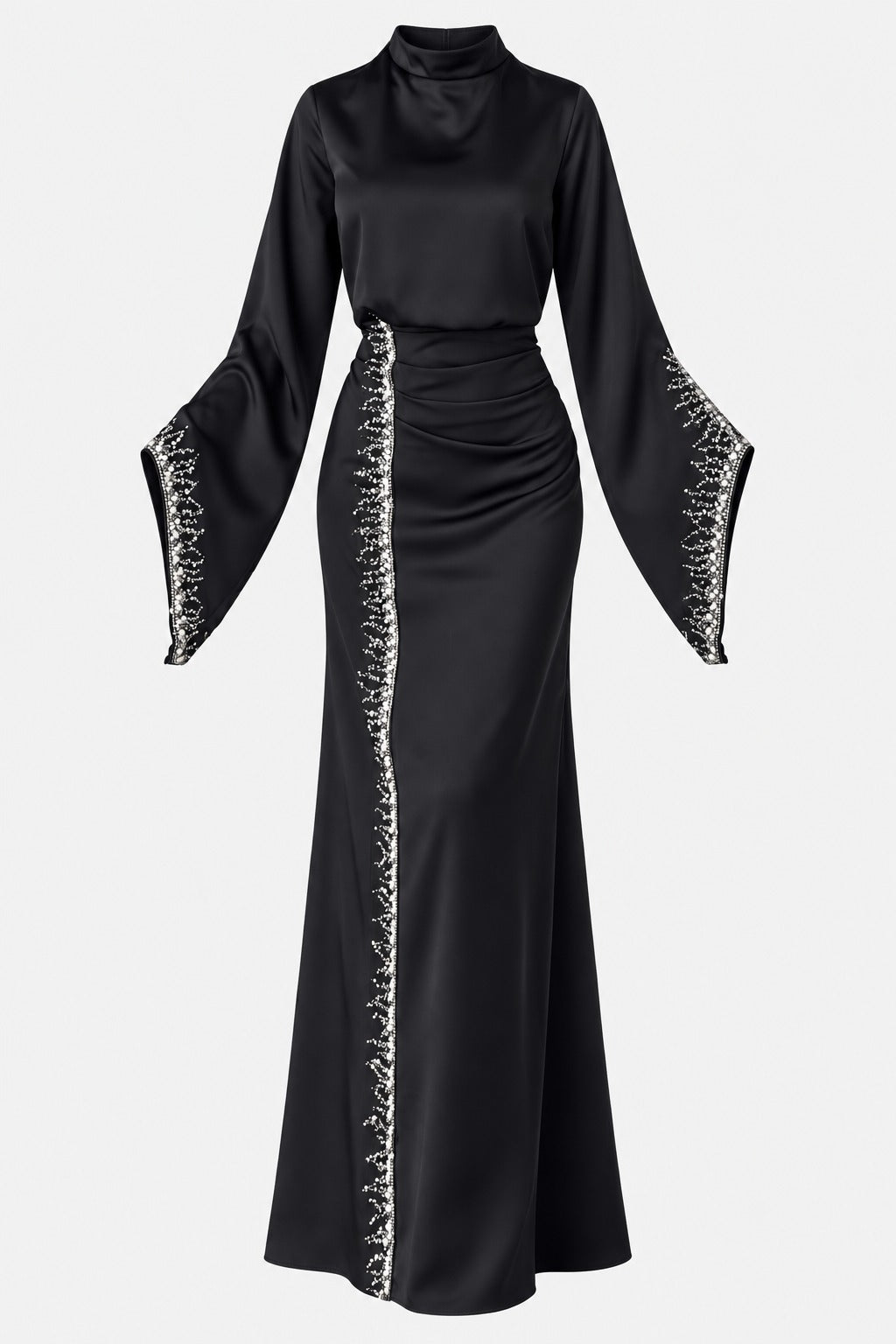 Embellished Satin Evening Gown with Flowing Sleeves