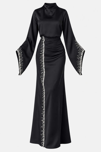 Embellished Satin Evening Gown with Flowing Sleeves