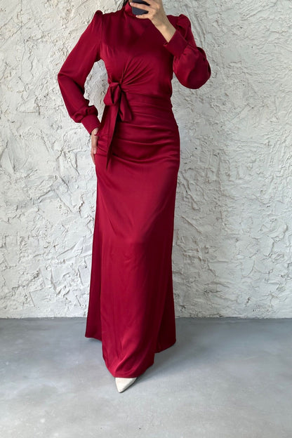 Satin  Evening Dress with Gathering and Knot Detail 6663