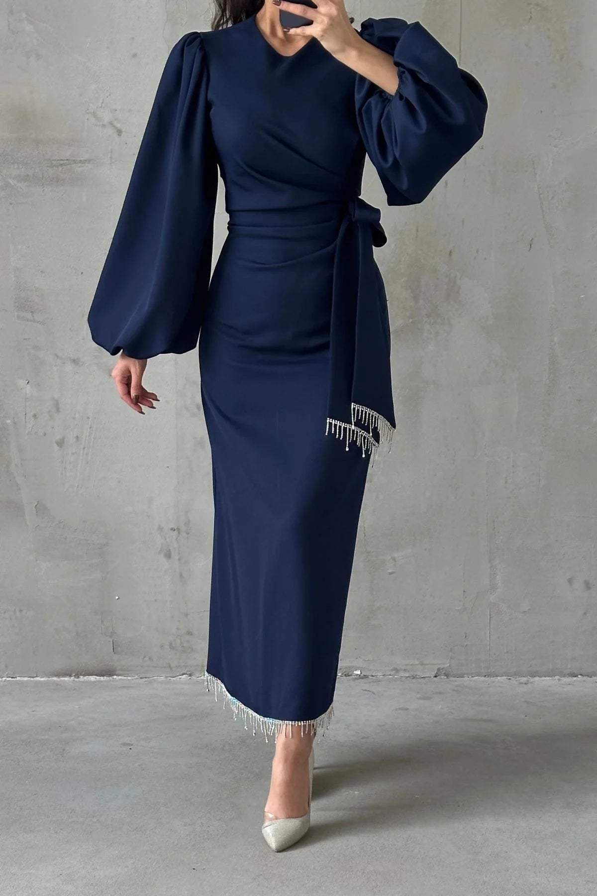 Beautiful Detailed Waist Tied Crepe Dress 3021
