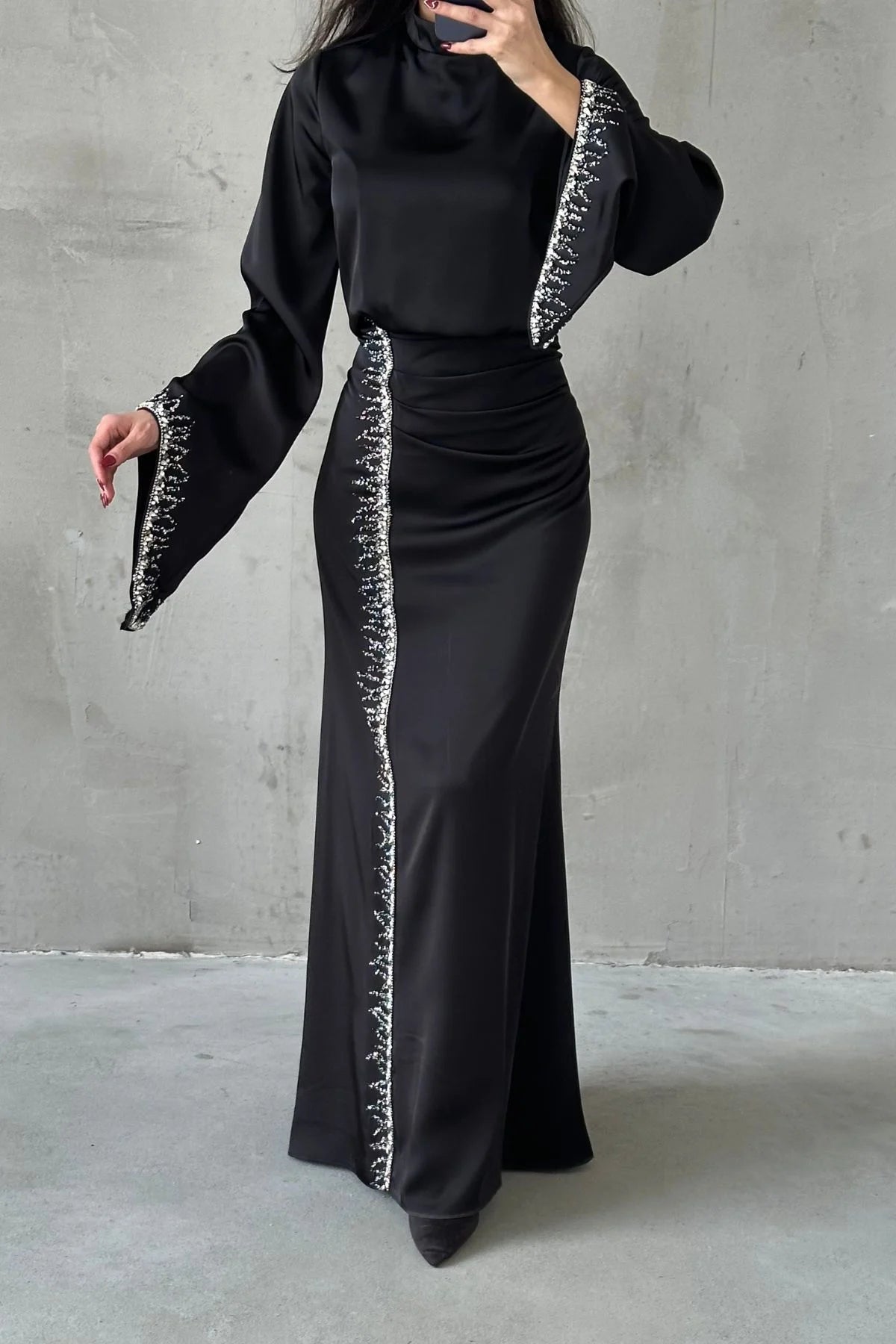 Flowing Sleeve Sparkly Embroidered Satin Evening Dress 5045