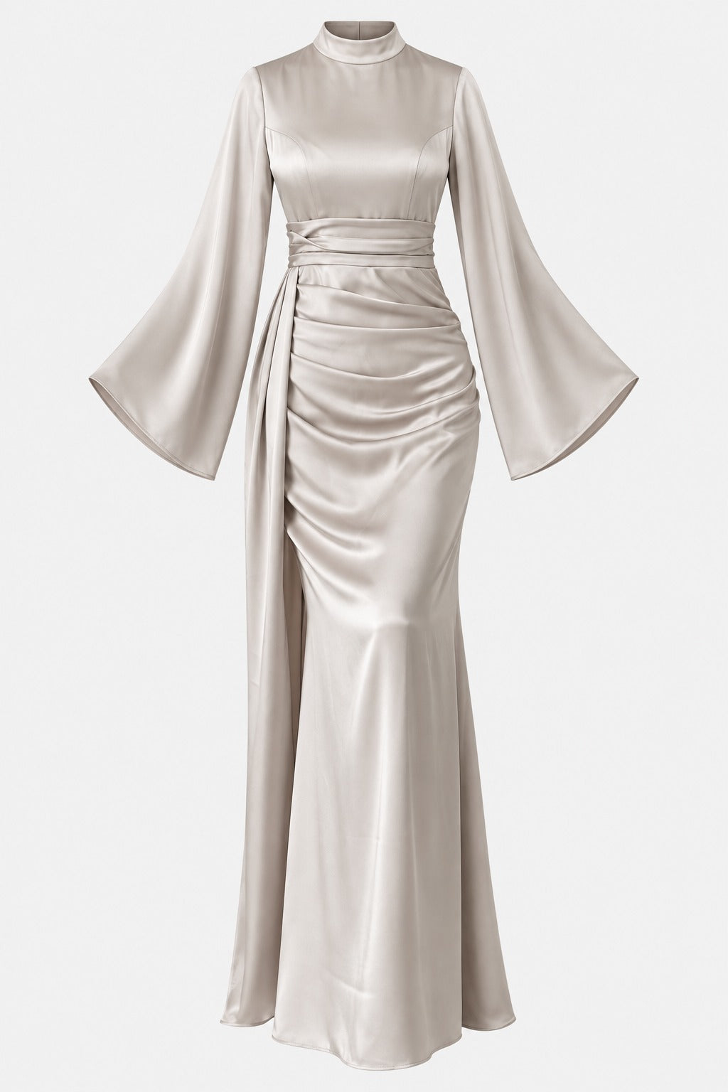 Draped Satin Evening Gown with Tail Detail