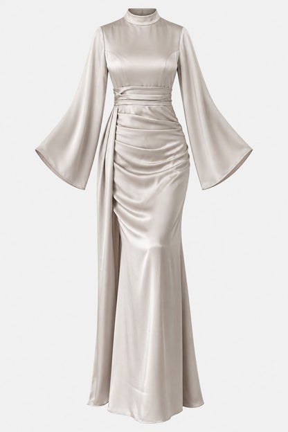 Draped Satin Evening Gown with Tail Detail