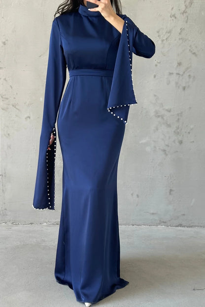 Satin Evening Dress with Slit Sleeves and Pearl Detail on the Sleeves 4202