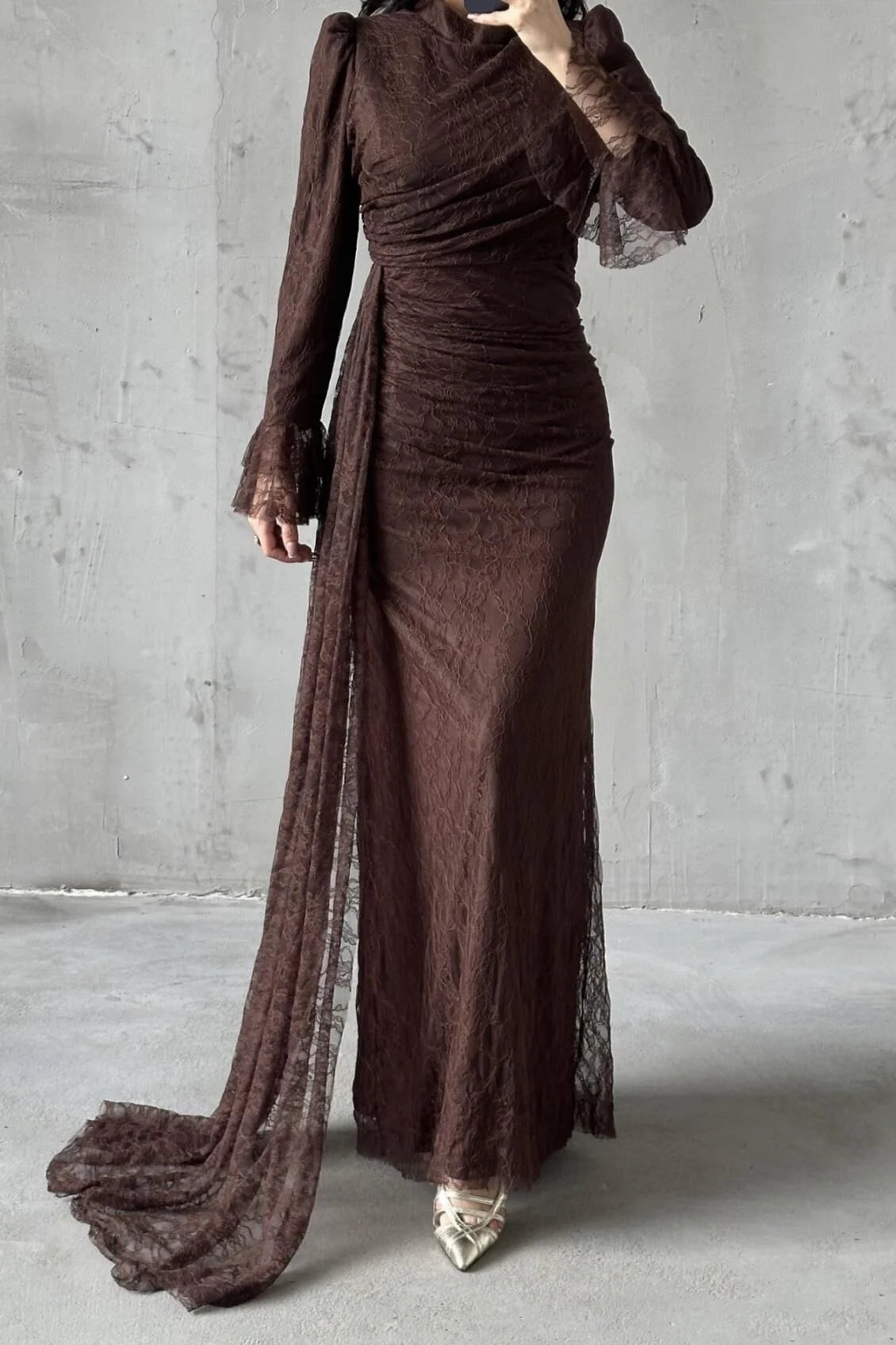 The Rosalie Draped Lace Evening Gown