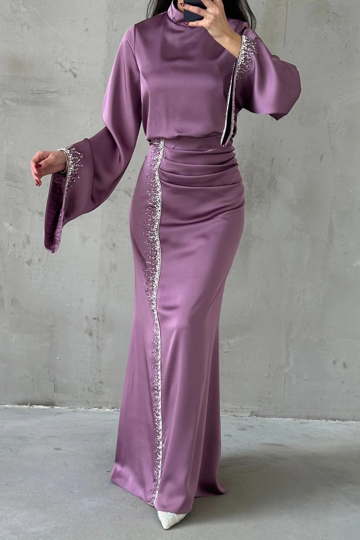 Flowing Sleeve Sparkly Embroidered Satin Evening Dress 5045