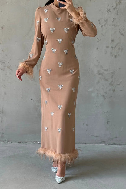 Bow Stone Feather Trimmed Evening Gown 3018