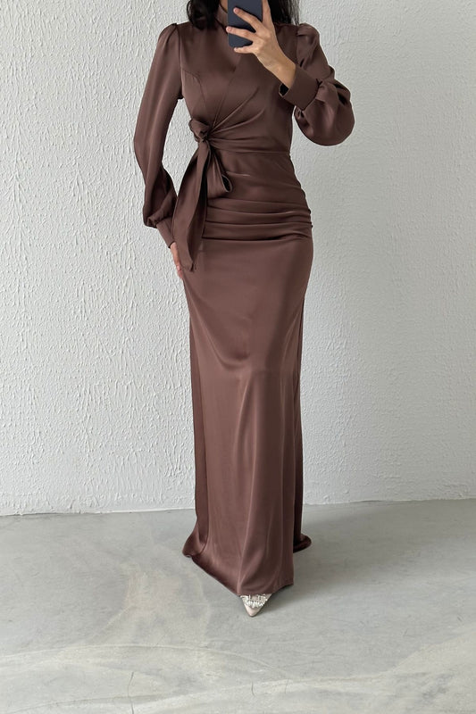 Satin  Evening Dress with Gathering and Knot Detail 6663