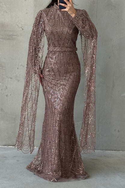 Radiant Drape Sleeve Embellished Gown 5070
