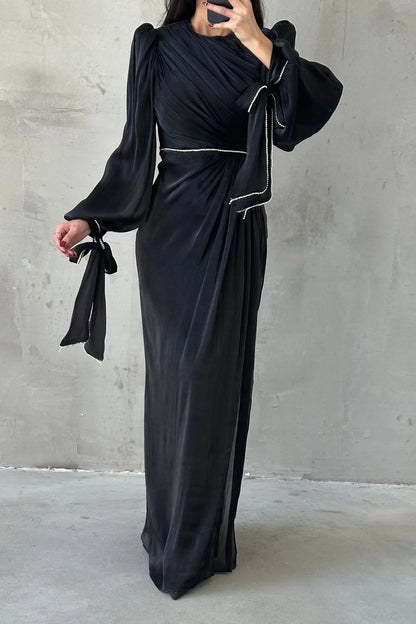 Pleated Beautiful Evening Dress with Bow Detail – Style 5019