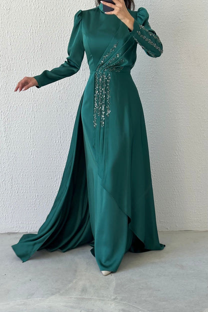 Glamorous Ruffle Stone Detailed Satin Evening Dress 6971