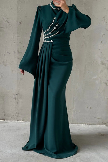 Tailed Thin Stone Detailed Crepe  Evening Dress 5059