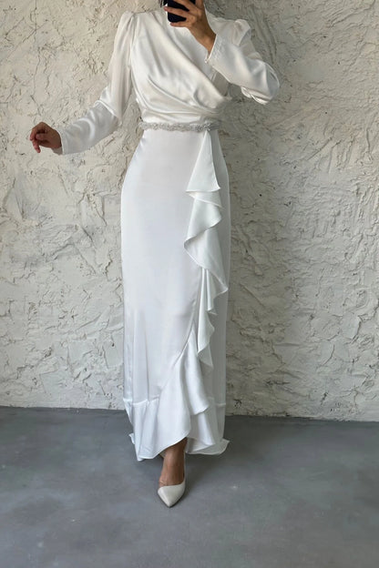 Satin Draped Ruffle Bridal Evening Dress 6666