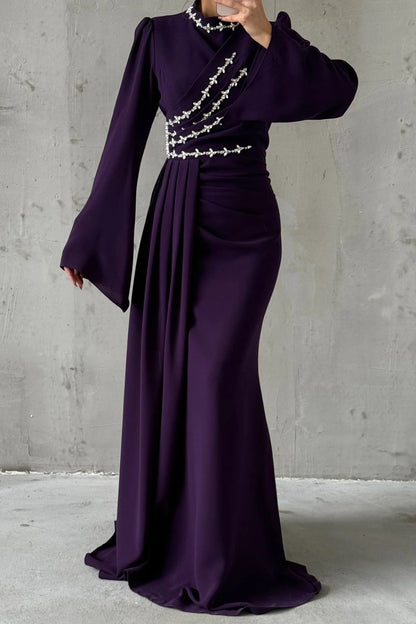 Tailed Thin Stone Detailed Crepe  Evening Dress 5059