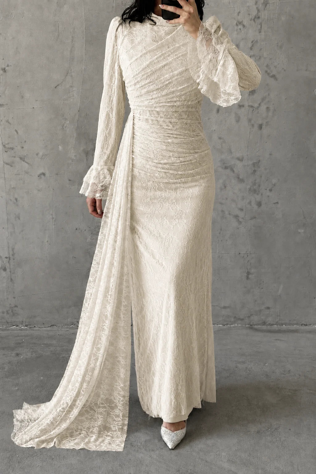 The Rosalie Draped Lace Evening Gown