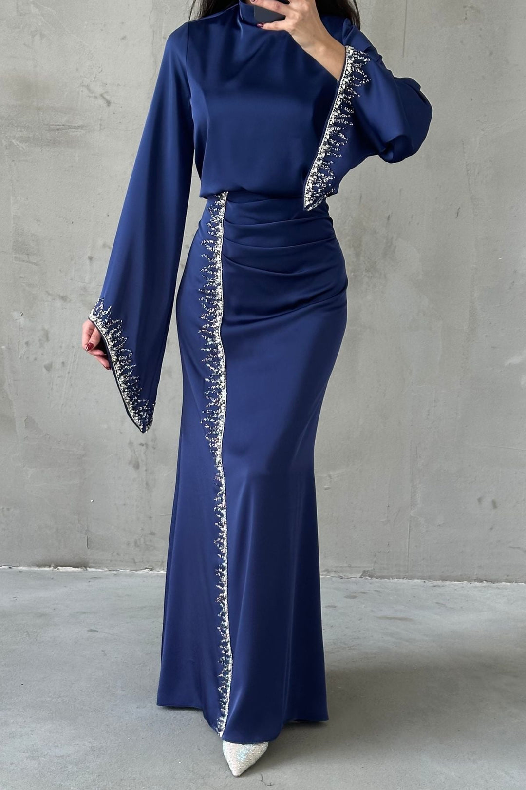 Embellished Satin Evening Gown with Flowing Sleeves