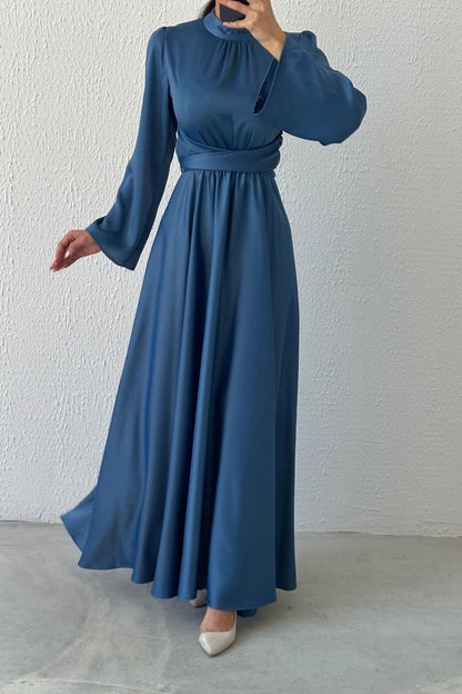 Flowing Elegance Flounce Sleeve Satin Evening Dress 6105
