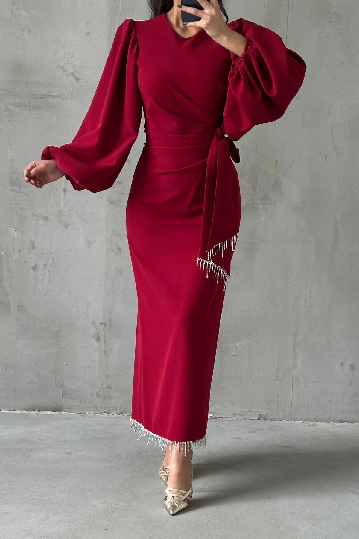 Beautiful Detailed Waist Tied Crepe Dress 3021
