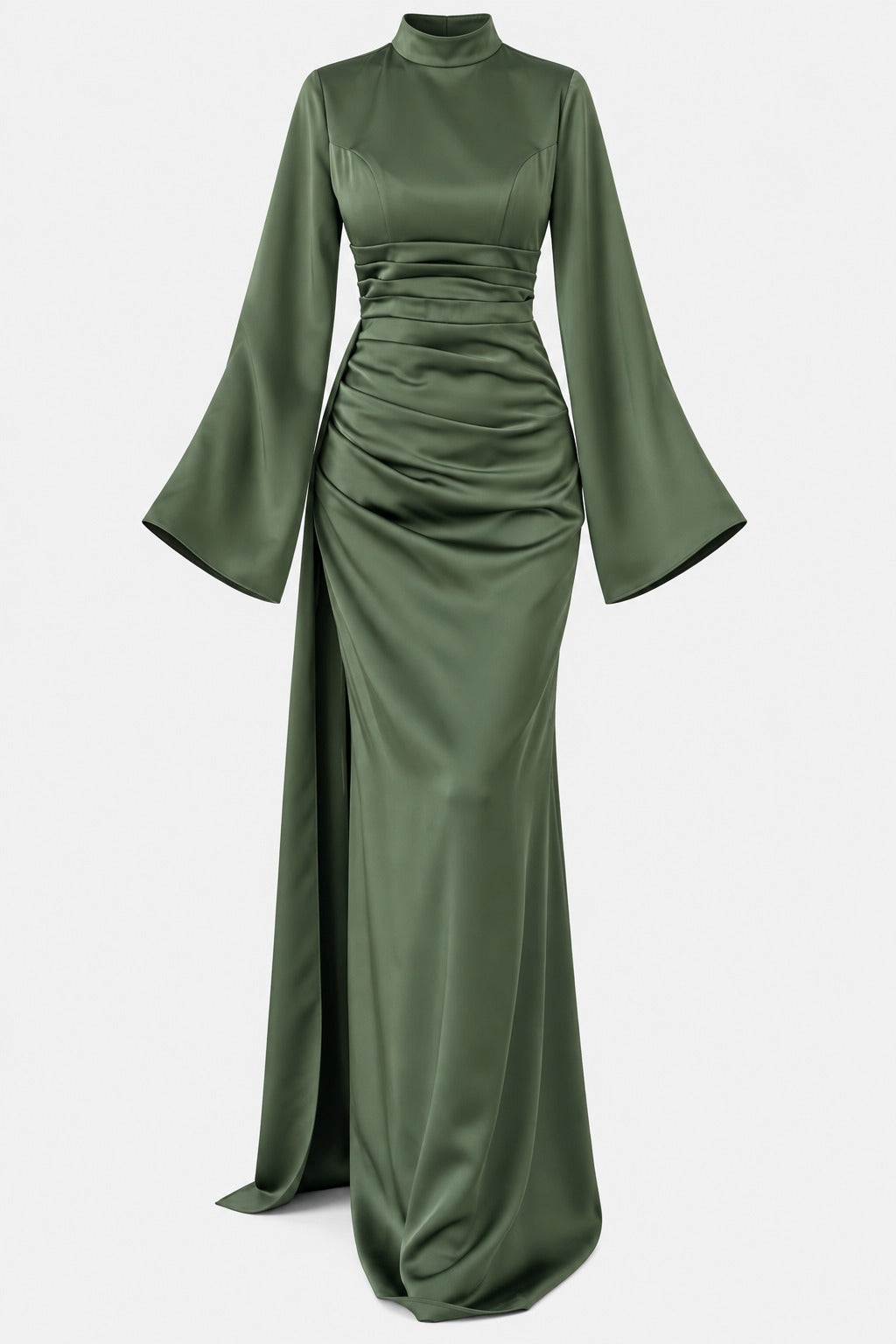 Draped Satin Evening Gown with Tail Detail