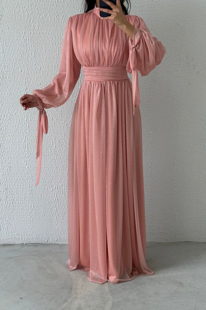 Glittered Hijab Evening Dress Ecru with Sleeve Detail 6981