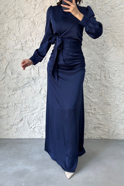 Satin  Evening Dress with Gathering and Knot Detail 6663