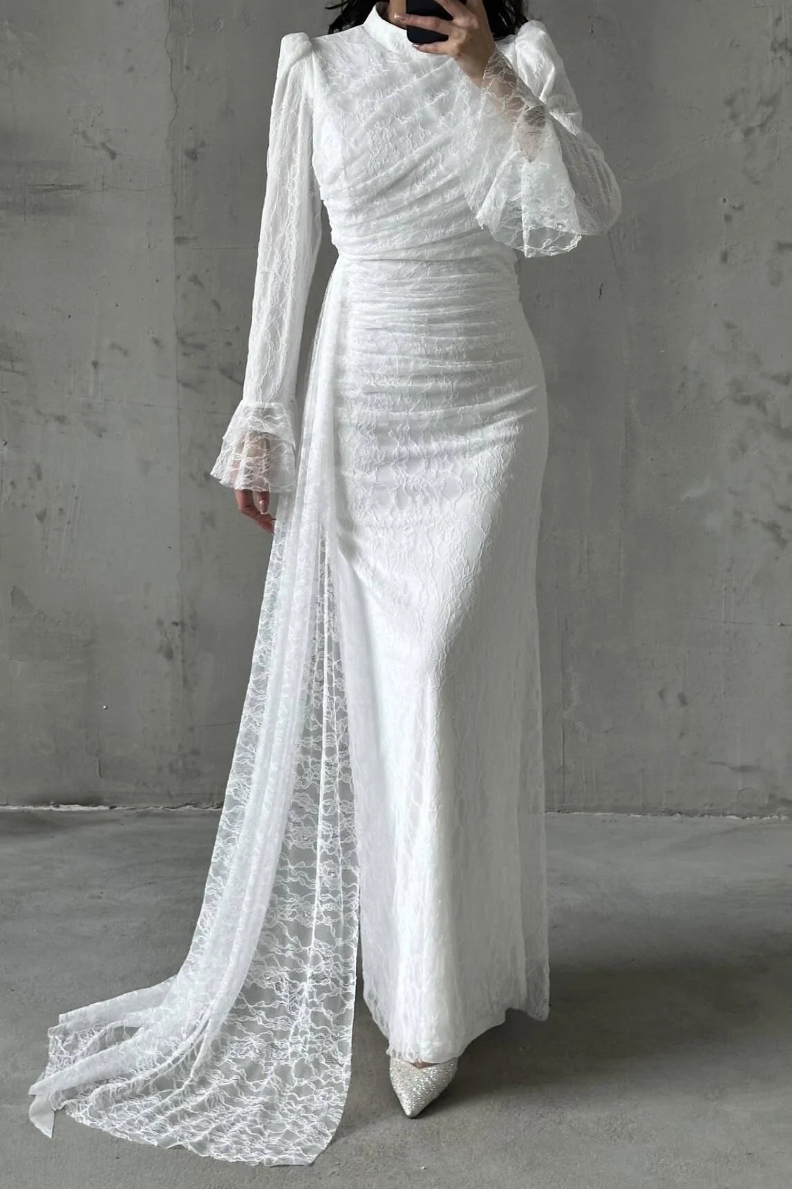 The Rosalie Draped Lace Evening Gown