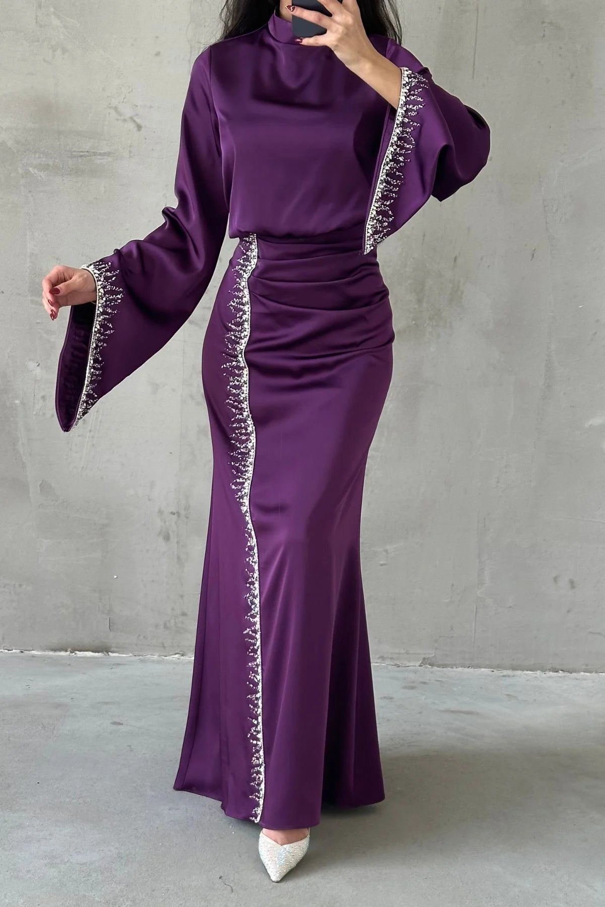 Flowing Sleeve Sparkly Embroidered Satin Evening Dress 5045