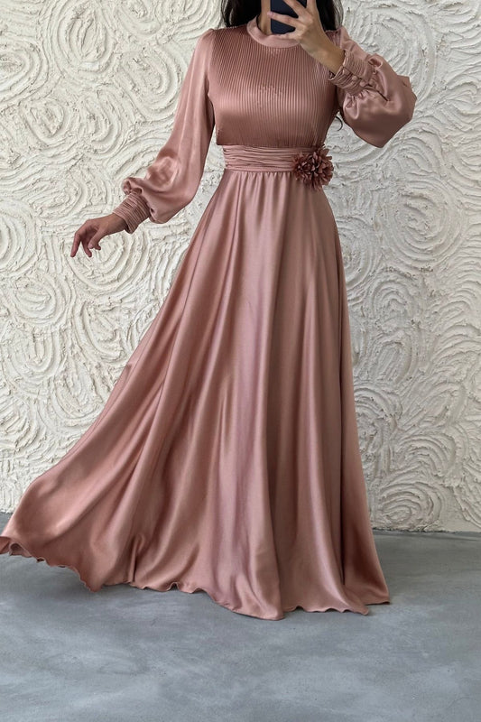 Flower Detailed Pleated Satin Evening Dress 4908