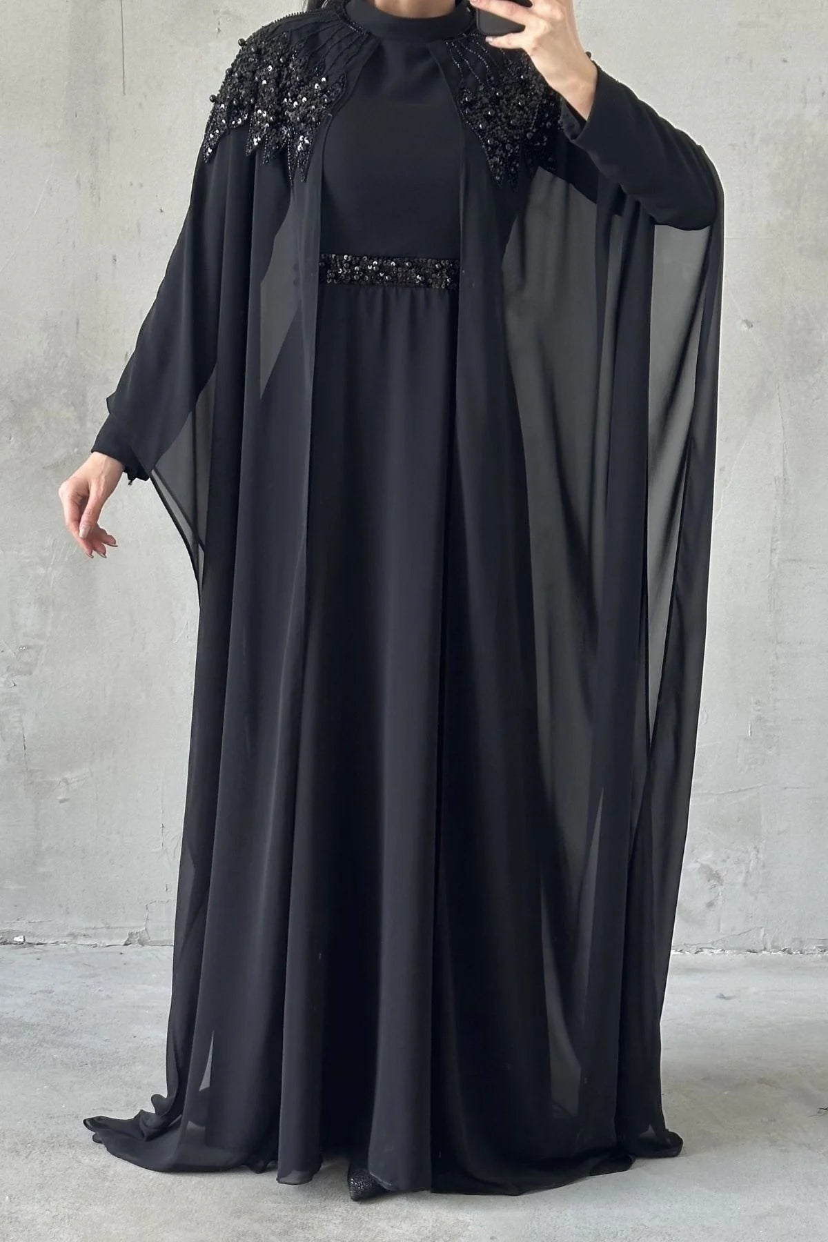 The Elara Embellished Cape Gown
