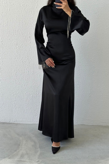 Satin Flounce Sleeve Chain Detailed Evening Dress 6121