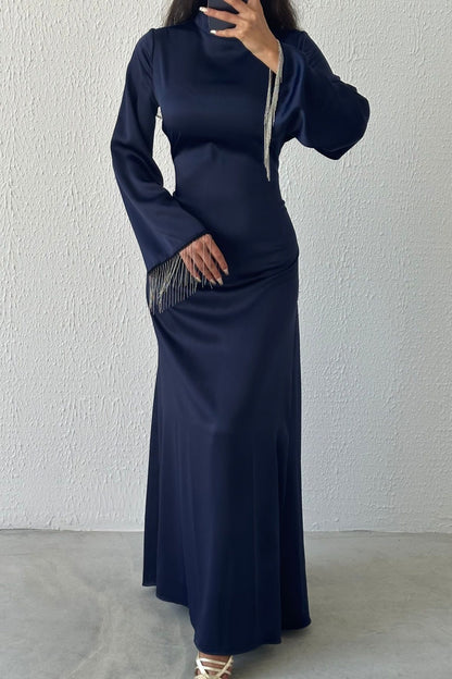 Satin Flounce Sleeve Chain Detailed Evening Dress 6121
