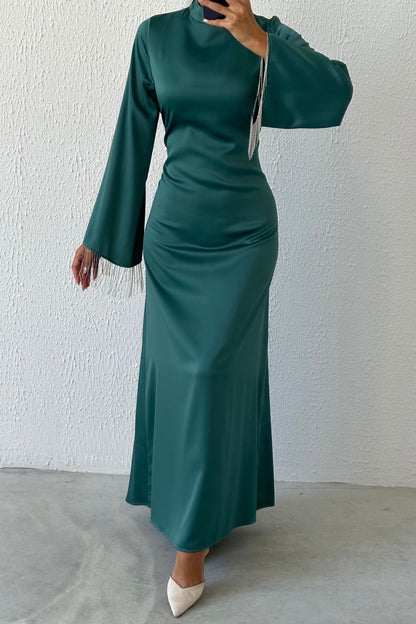 Satin Flounce Sleeve Chain Detailed Evening Dress 6121