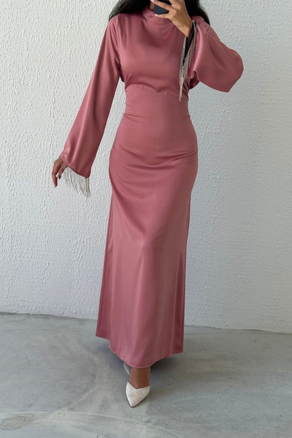 Satin Flounce Sleeve Chain Detailed Evening Dress 6121