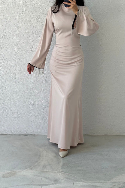 Satin Flounce Sleeve Chain Detailed Evening Dress 6121