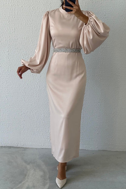Satin Elegance Stone Belted Evening Dress 4977