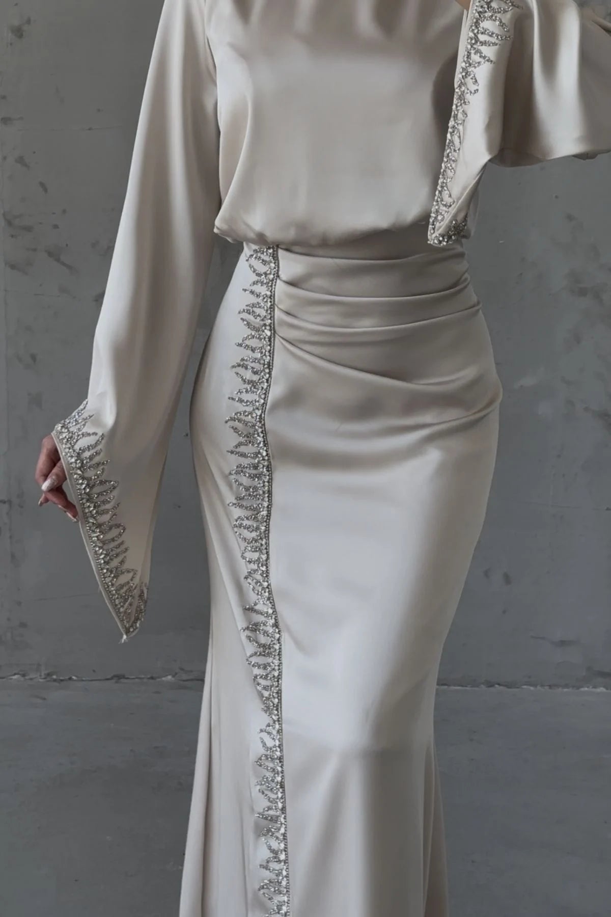 Flowing Sleeve Sparkly Embroidered Satin Evening Dress 5045