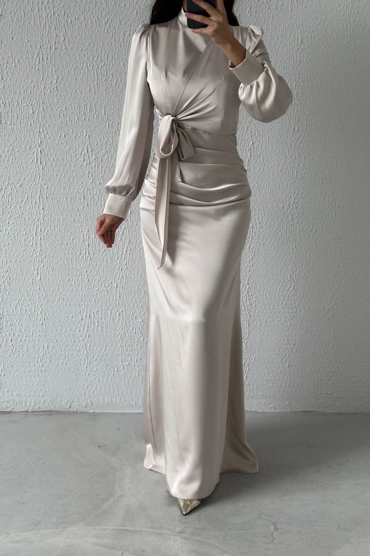 Gathered Satin Evening Gown with Knot Detail